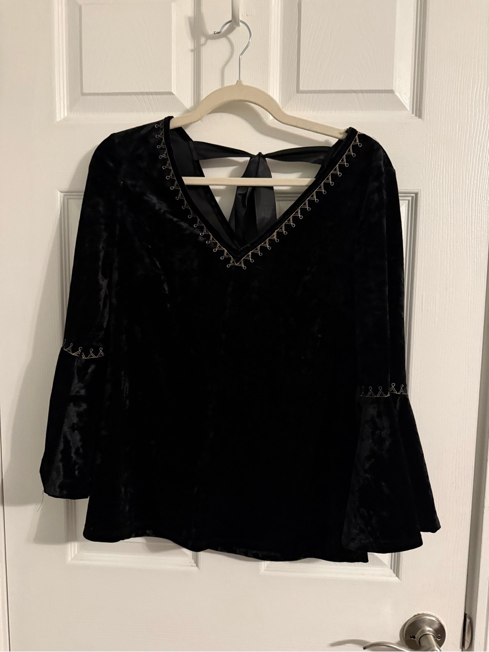 Black Velvet V-Neck Tie-Back Bell Sleeve Women's Top